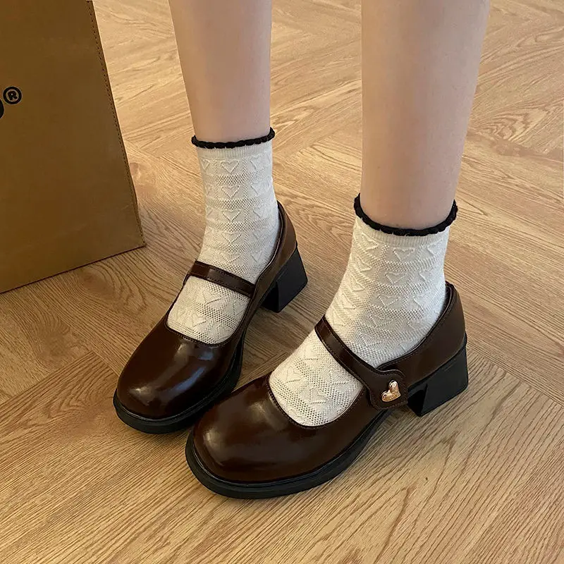 2025 New French-style Mary Jane Small Leather Shoes Women's Spring and Autumn All-match One-character Round Toe Chunky Heel JK Single-layer Shoes with Skirt