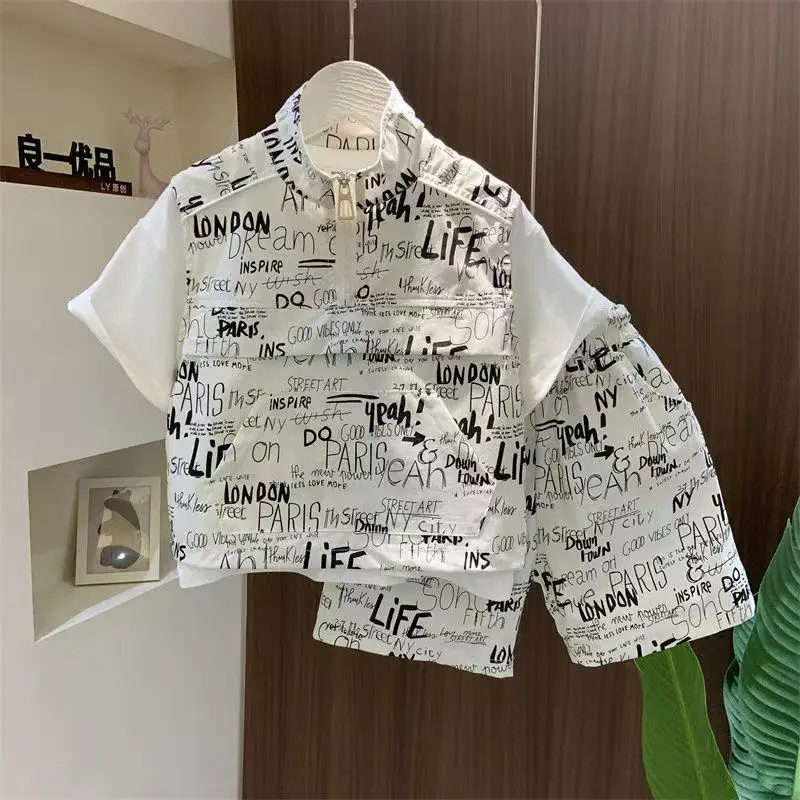 Boys' New Korean Style 2-Piece Summer Suit White Printed - Image 4