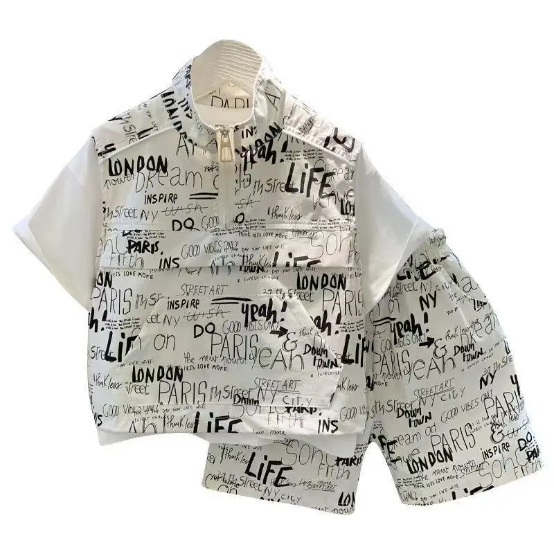 Boys' New Korean Style 2-Piece Summer Suit White Printed - Image 5