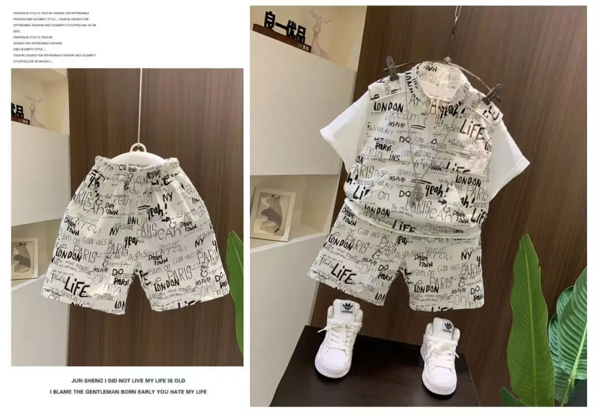 Boys' New Korean Style 2-Piece Summer Suit White Printed — feature 3