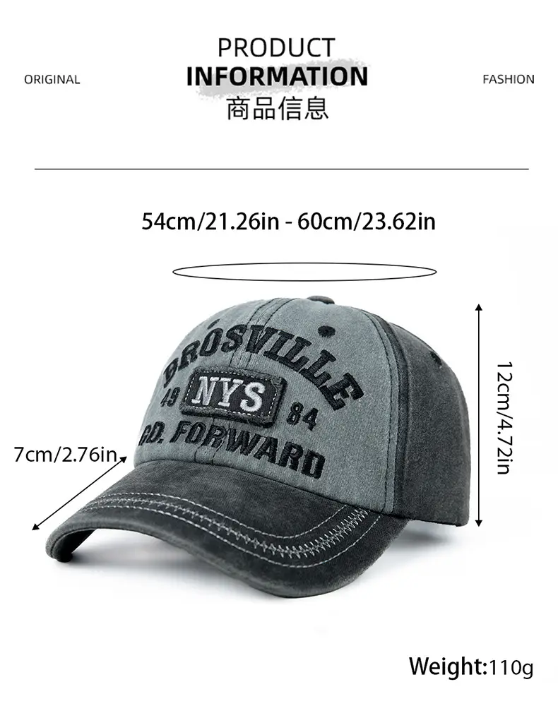 American Style Retro Washed Old Letter Baseball Cap Women's Wide Brim Big Head Face Small Soft Top Duck Tongue Hat for Men — feature 5