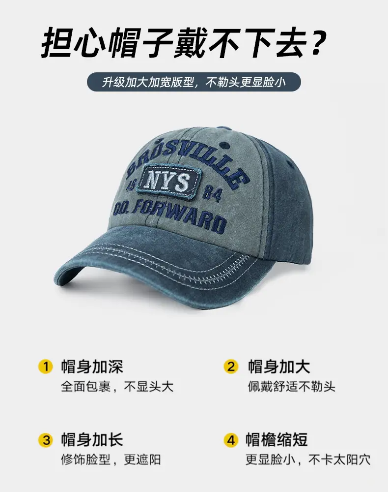 American Style Retro Washed Old Letter Baseball Cap Women's Wide Brim Big Head Face Small Soft Top Duck Tongue Hat for Men — feature 7