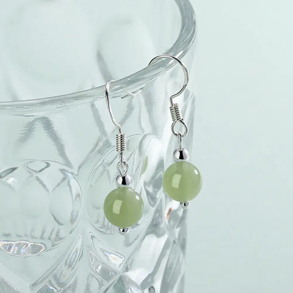 Green Jade Earrings for Women, Round Bead Design, Elegant Ethnic Wear