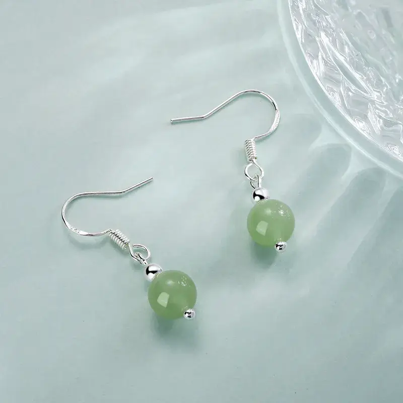 Green Jade Earrings for Women, Round Bead Design, Elegant Ethnic Wear