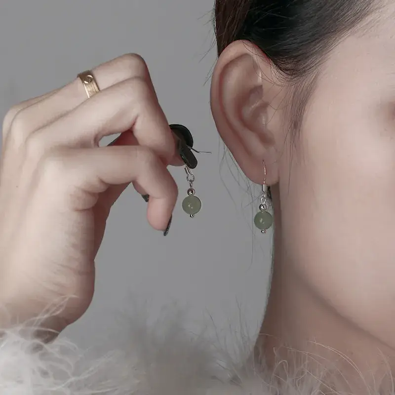 Green Jade Earrings for Women, Round Bead Design, Elegant Ethnic Wear