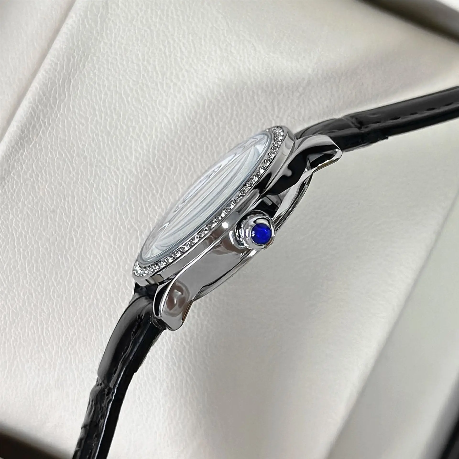 Small Round Rhinestone Ladies Watch Black Leather Strap - Image 6