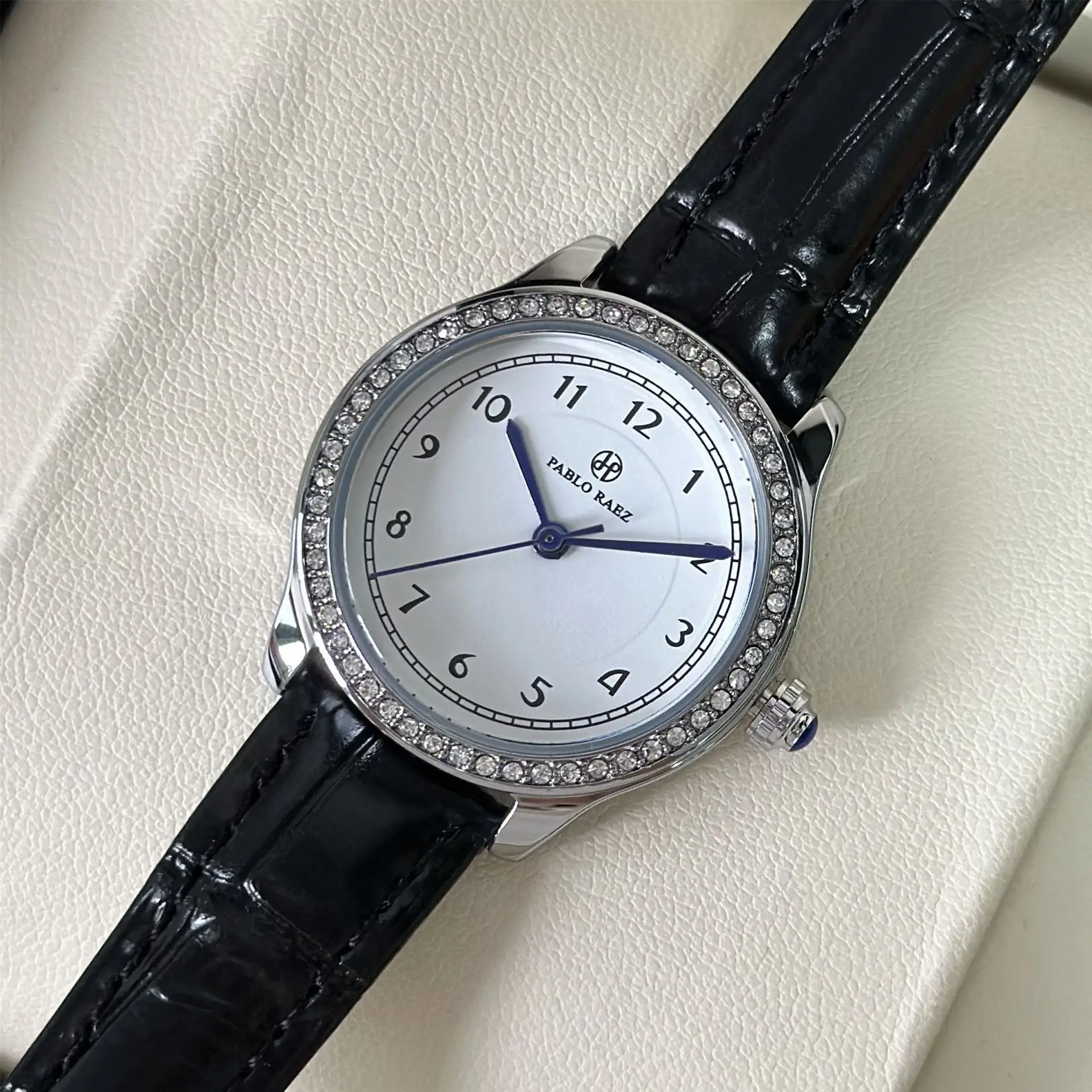 Small Round Rhinestone Ladies Watch Black Leather Strap - Image 8