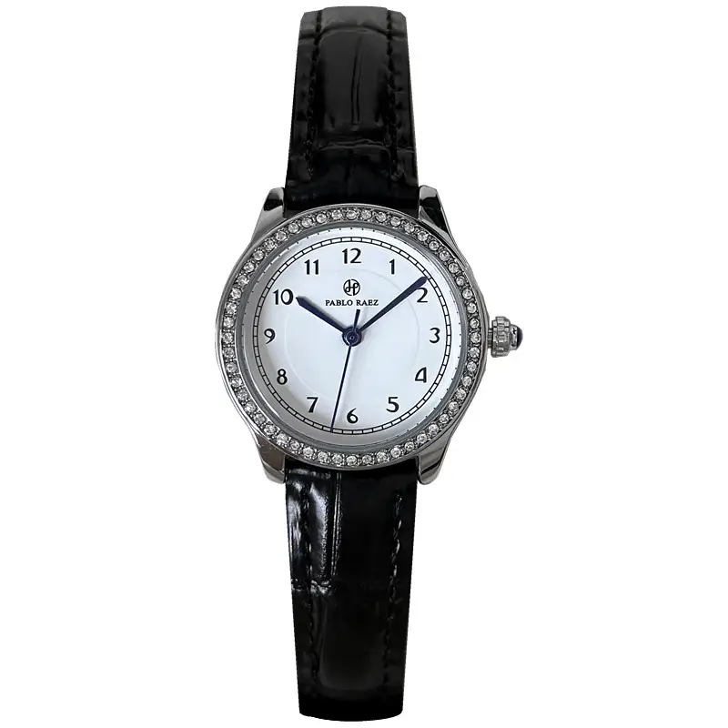 Small Round Rhinestone Ladies Watch Black Leather Strap - Image 9