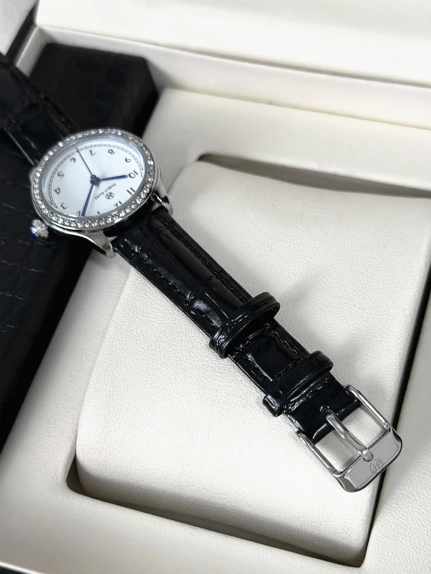 Small Round Rhinestone Ladies Watch Black Leather Strap — feature 11