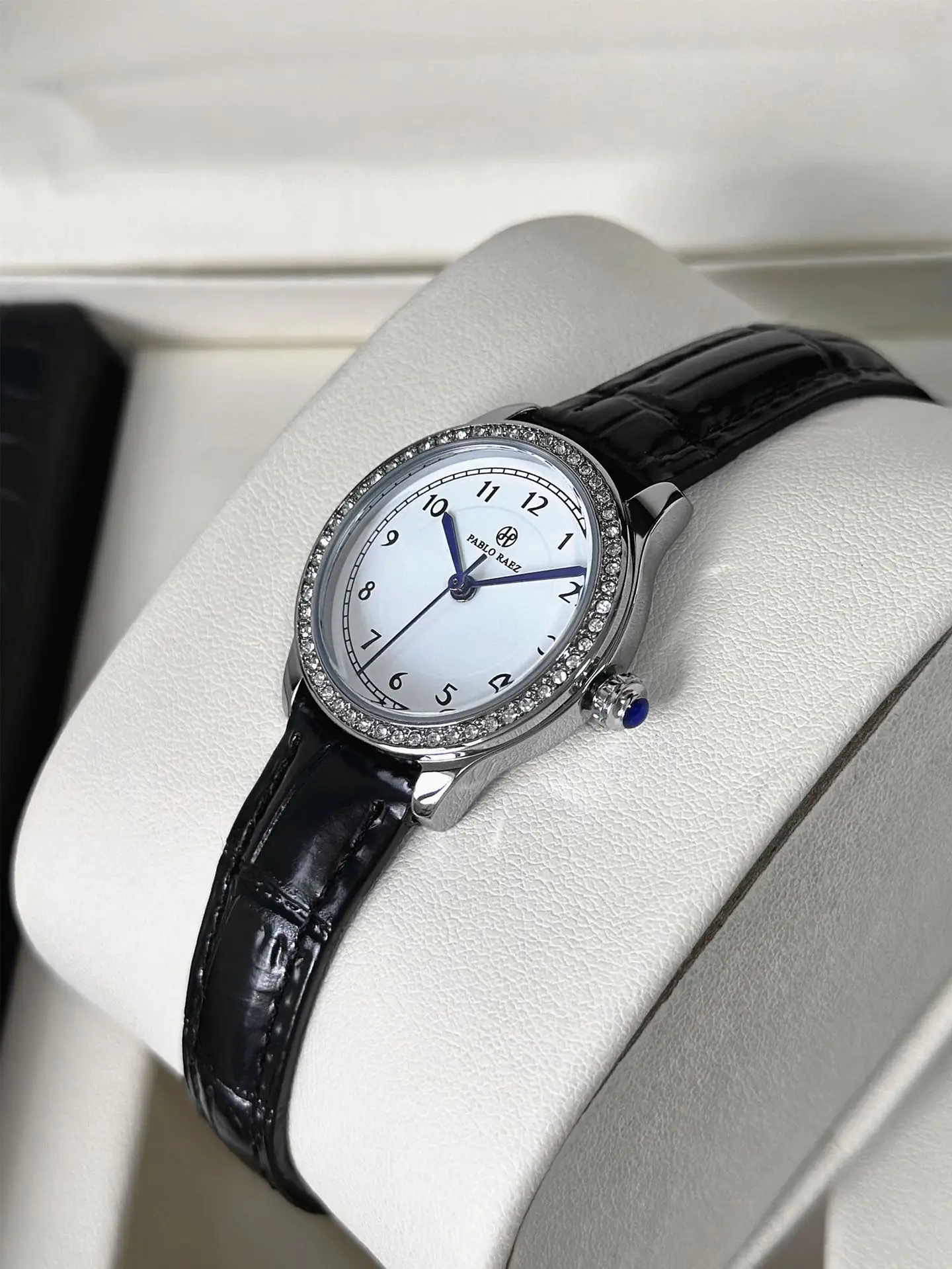 Small Round Rhinestone Ladies Watch Black Leather Strap — feature 13