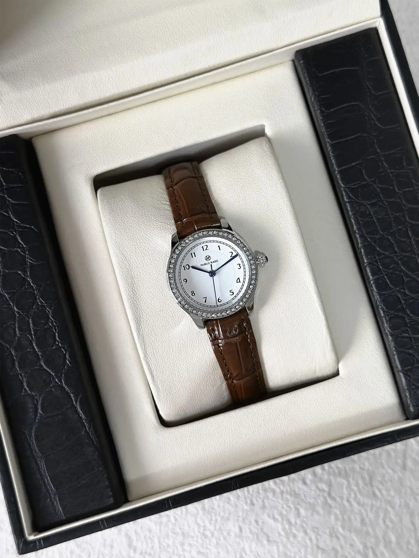Small Round Rhinestone Ladies Watch Black Leather Strap — feature 14