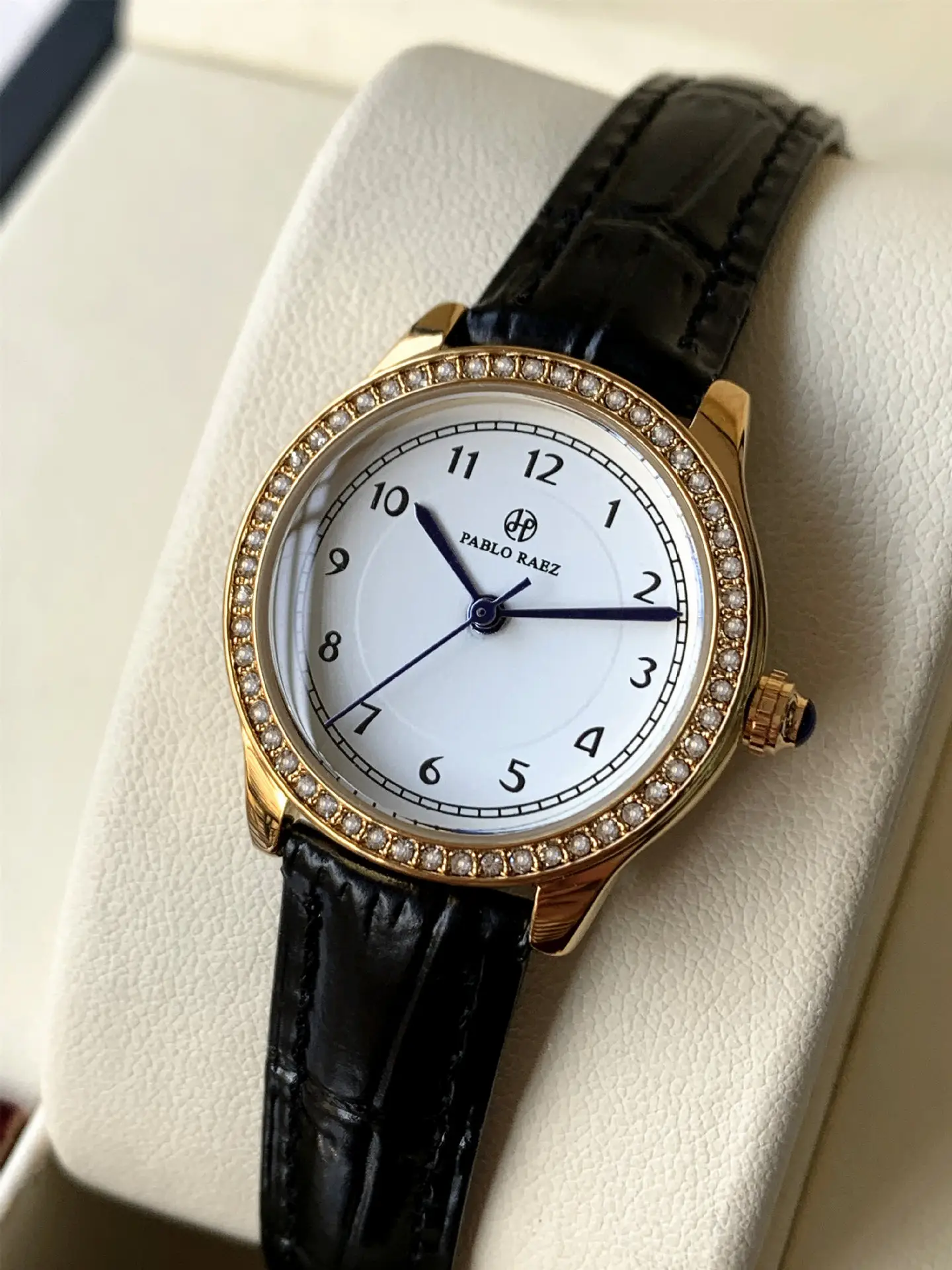 Small Round Rhinestone Ladies Watch Black Leather Strap — feature 16