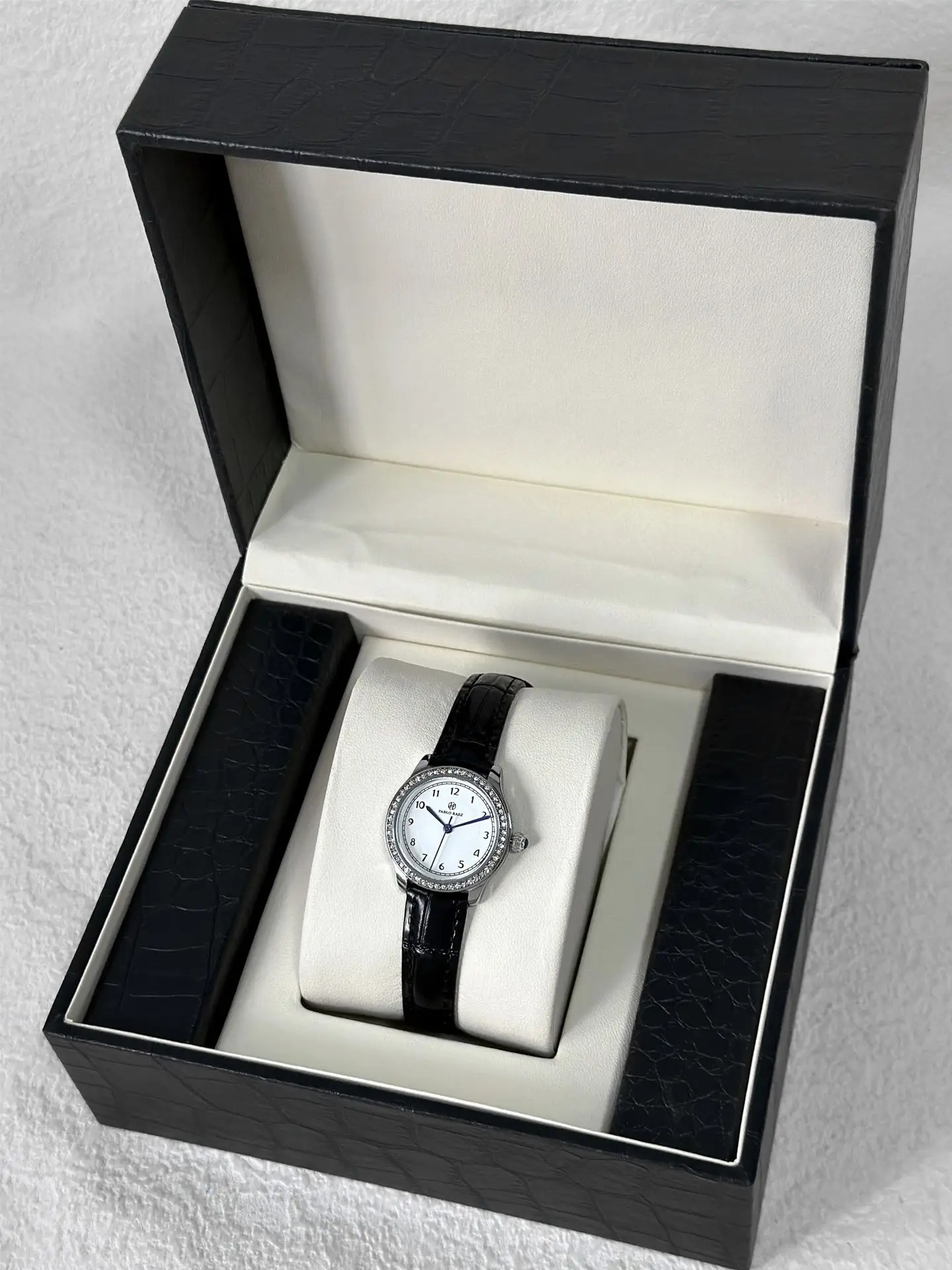 Small Round Rhinestone Ladies Watch Black Leather Strap — feature 5