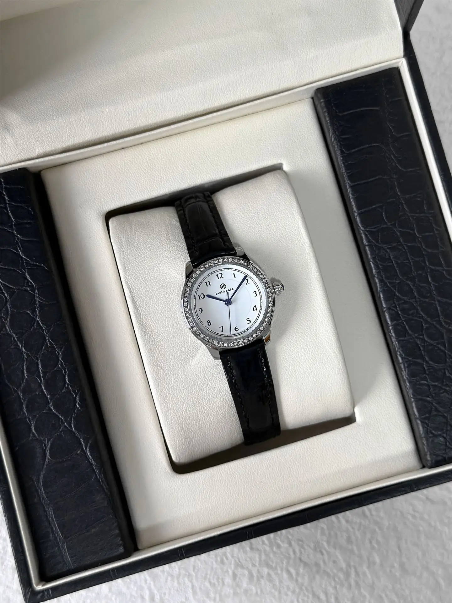Small Round Rhinestone Ladies Watch Black Leather Strap — feature 8