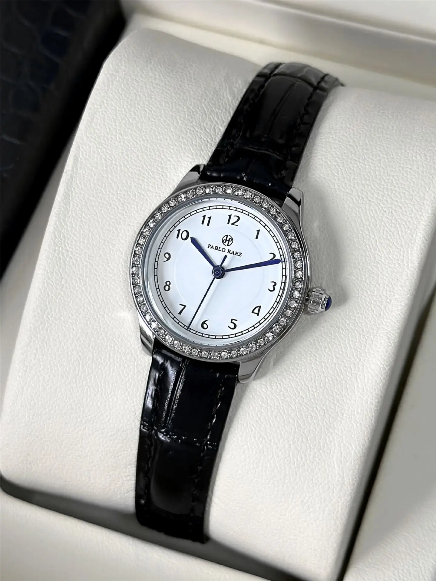 Small Round Rhinestone Ladies Watch Black Leather Strap - Image 3