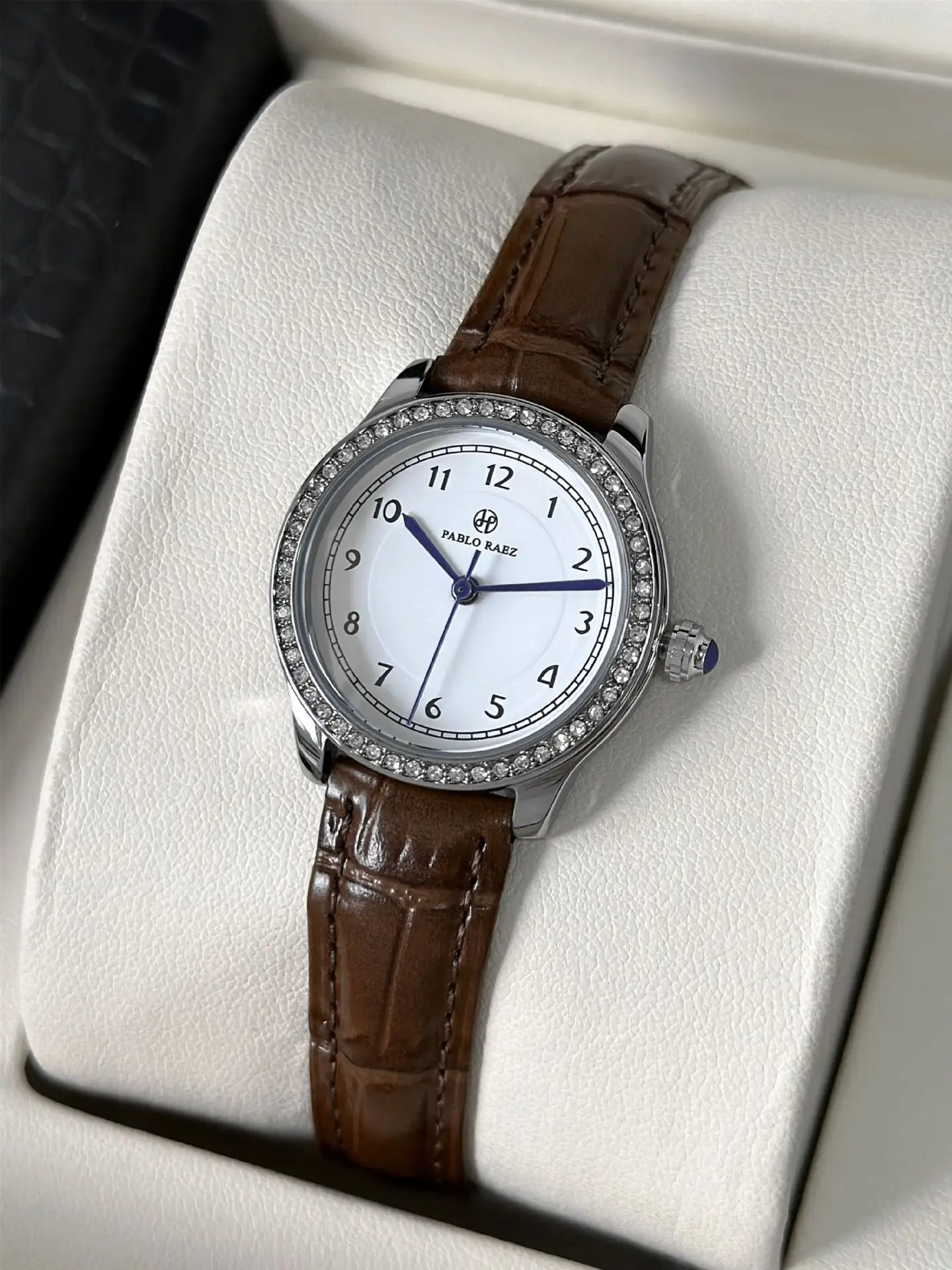 Small Round Rhinestone Ladies Watch Black Leather Strap - Image 4