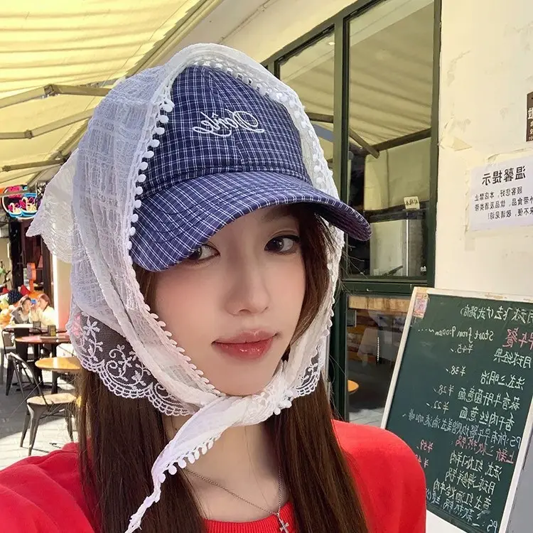 Women Plaid Letter Baseball Cap Spring Summer Wide Brim - Image 6