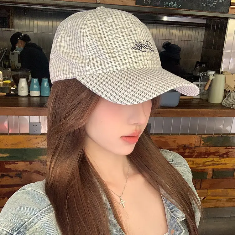 Women Plaid Letter Baseball Cap Spring Summer Wide Brim - Image 2