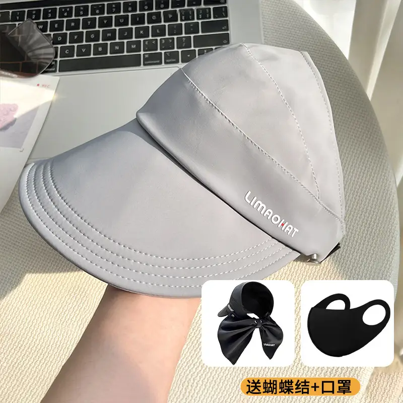 Women Sunscreen Cap with Bow & Mouth Cover Gray - Image 8