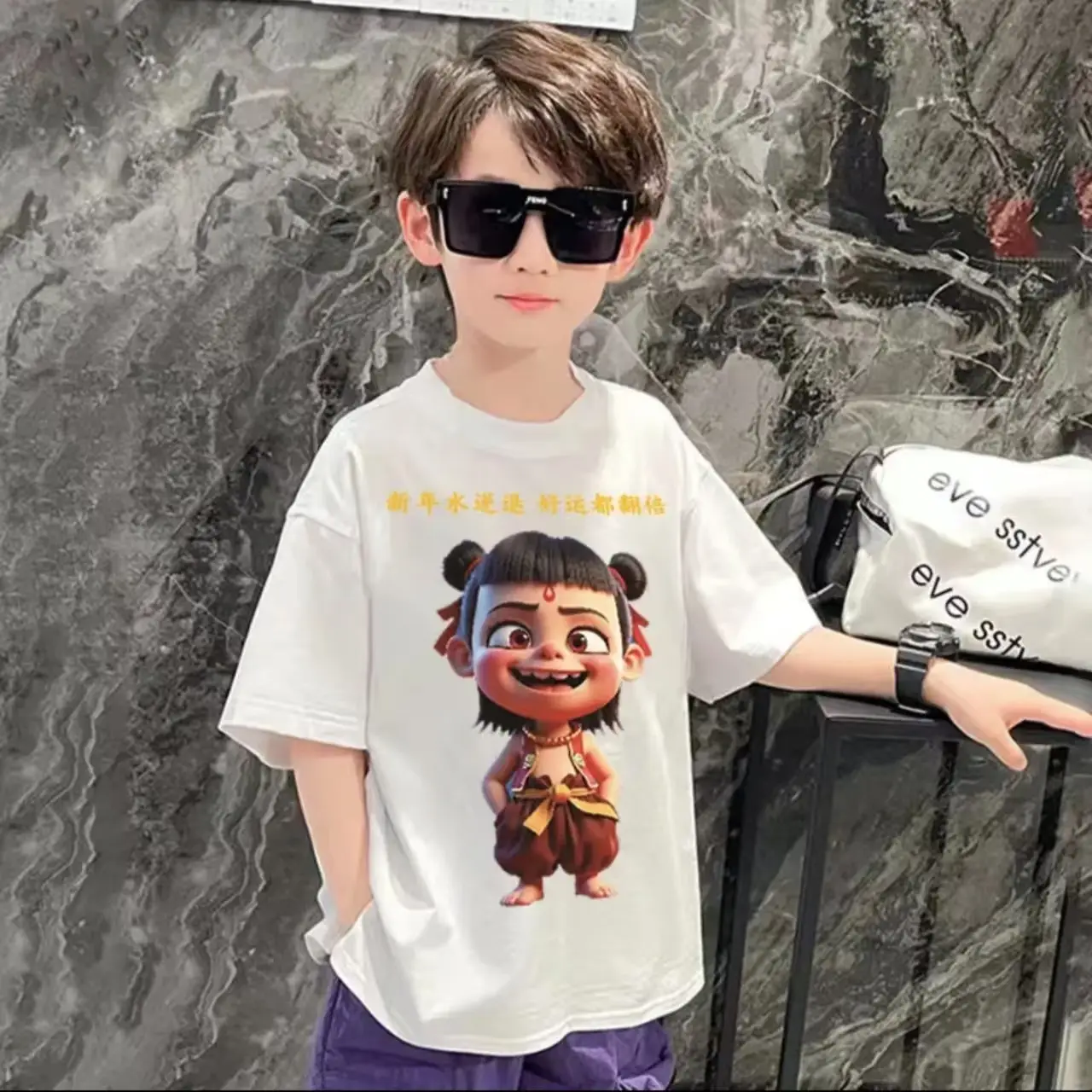 New Nezha T-Shirt Boys Summer Ins Cotton Black - Image 2
