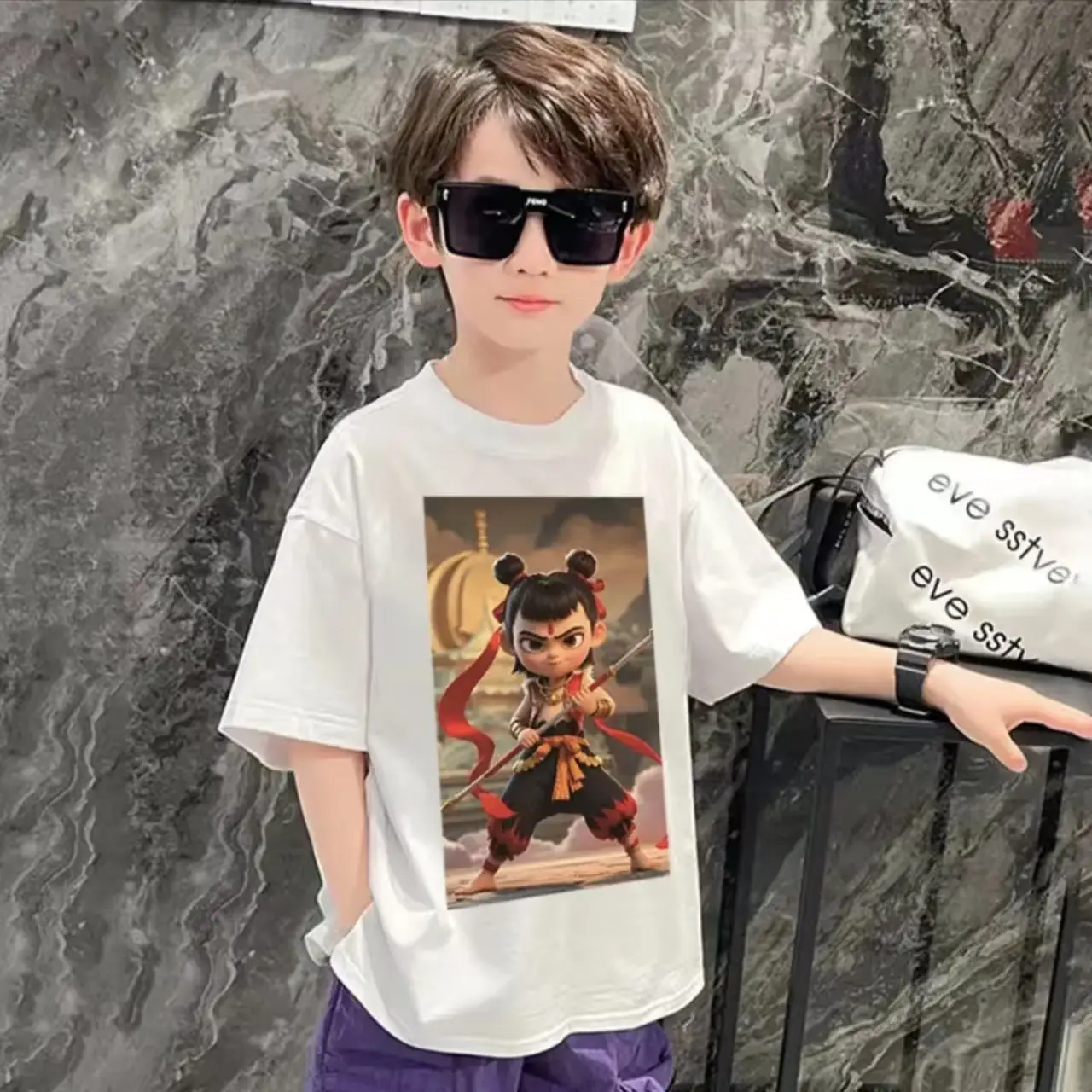 New Nezha T-Shirt Boys Summer Ins Cotton Black - Image 3