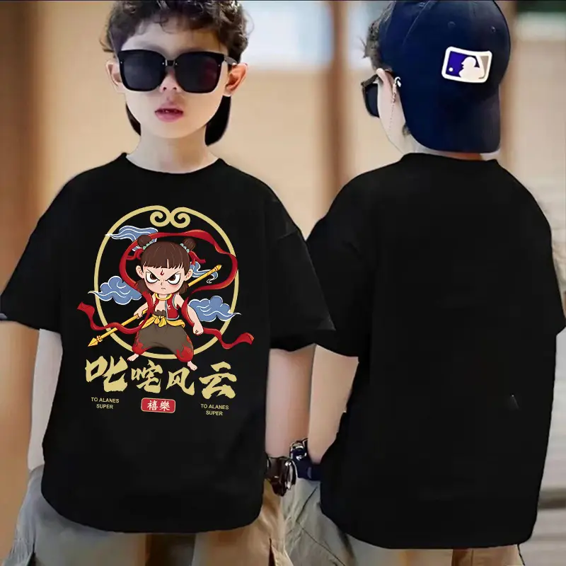 New Nezha T-Shirt Boys Summer Ins Cotton Black - Image 7