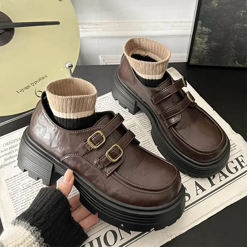 Women's Brown Leather Shoes with Metal Buckle Spring 2025 - Image 2
