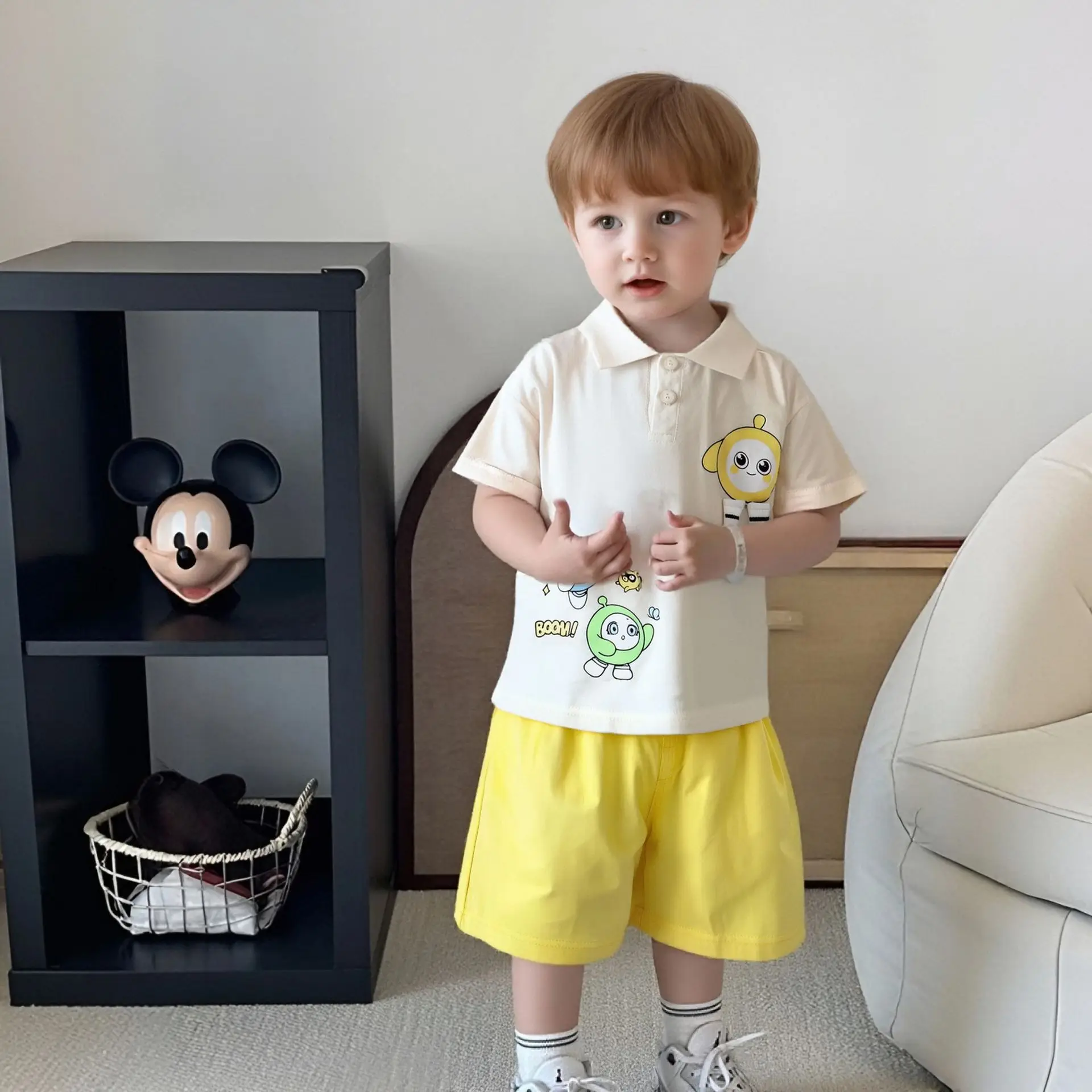 2025 Kids Cotton T-Shirt Shorts Set Yellow Green - Image 3