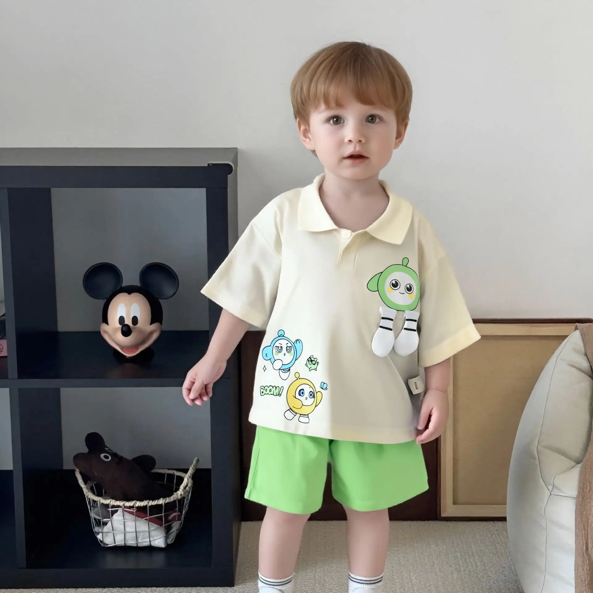 2025 Kids Cotton T-Shirt Shorts Set Yellow Green - Image 4