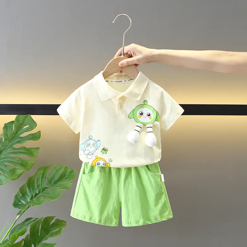 2025 Kids Cotton T-Shirt Shorts Set Yellow Green - Image 2