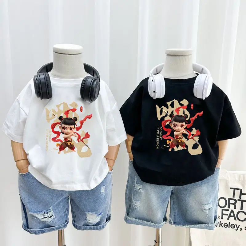 100% Cotton Nezha Printed T-Shirt for Boys Girls