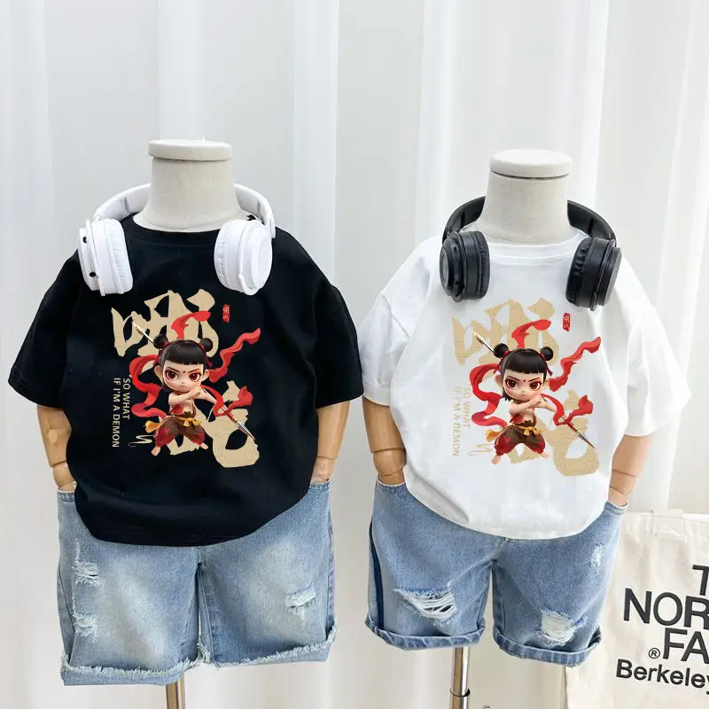 100% Cotton Nezha Printed T-Shirt for Boys Girls
