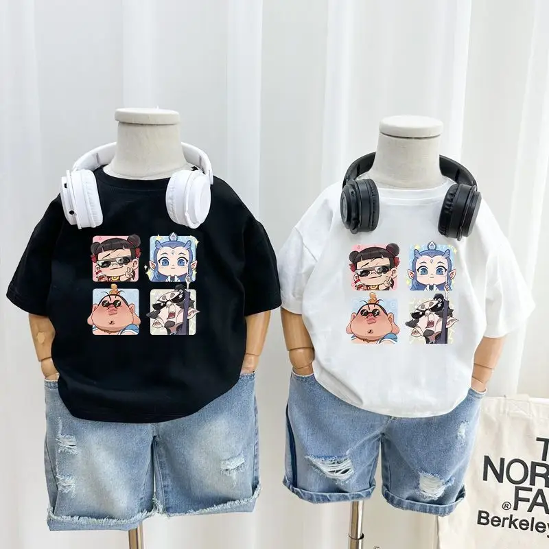 100 Cotton Cartoon T-Strap Kids T-Shirt White Black Shorts