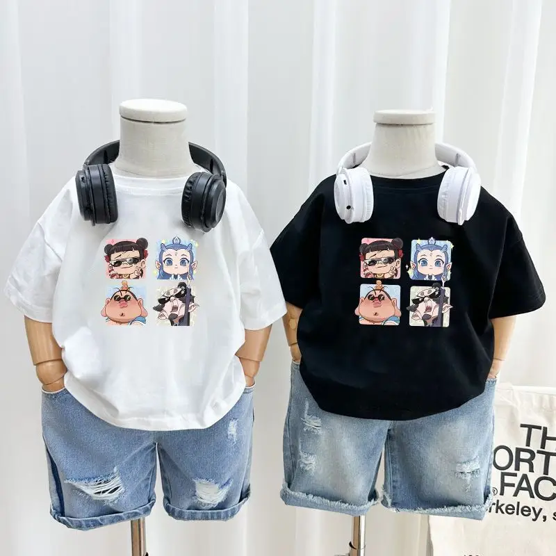 100 Cotton Cartoon T-Strap Kids T-Shirt White Black Shorts