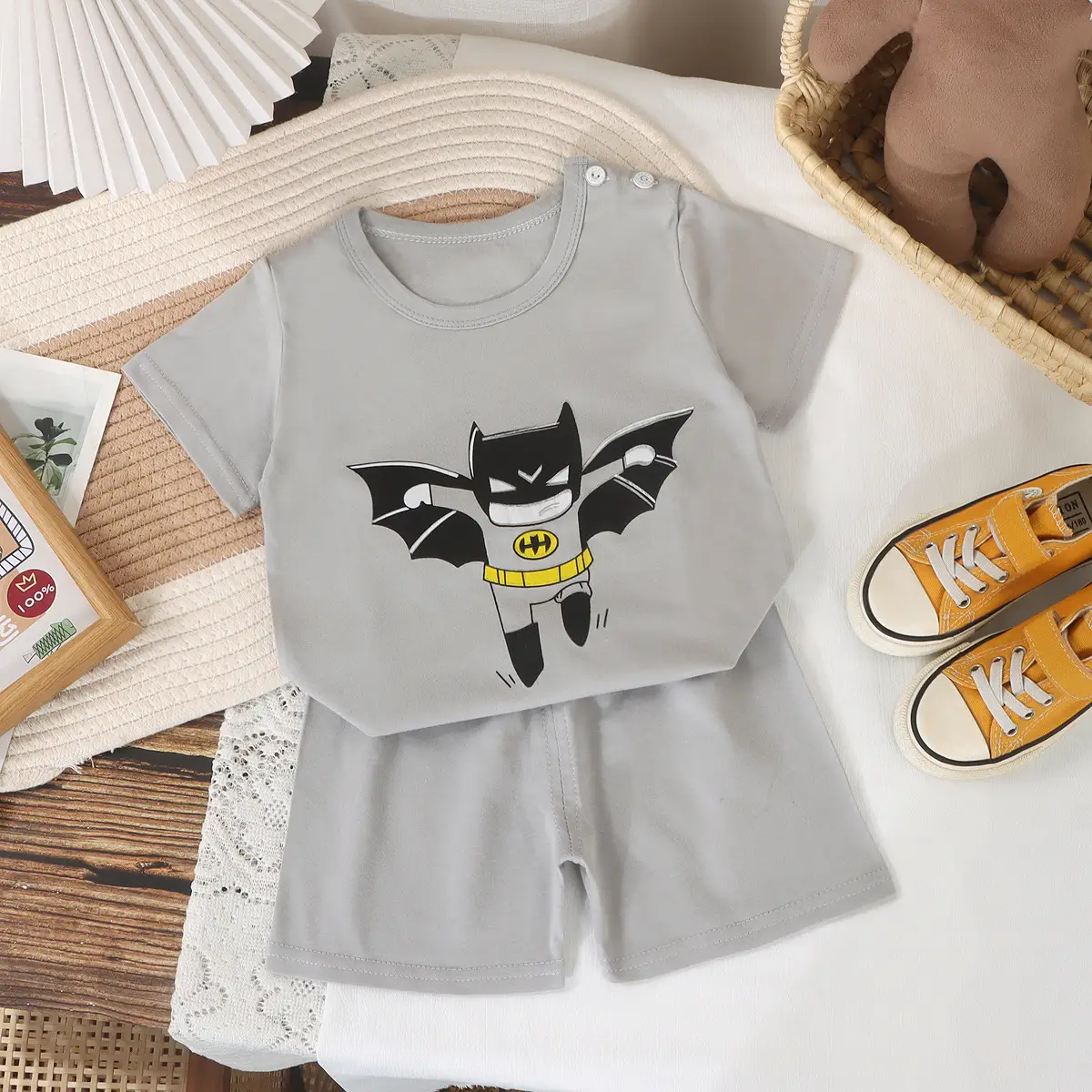 Children Cotton Striped T-Shirt Shorts Set Brown White