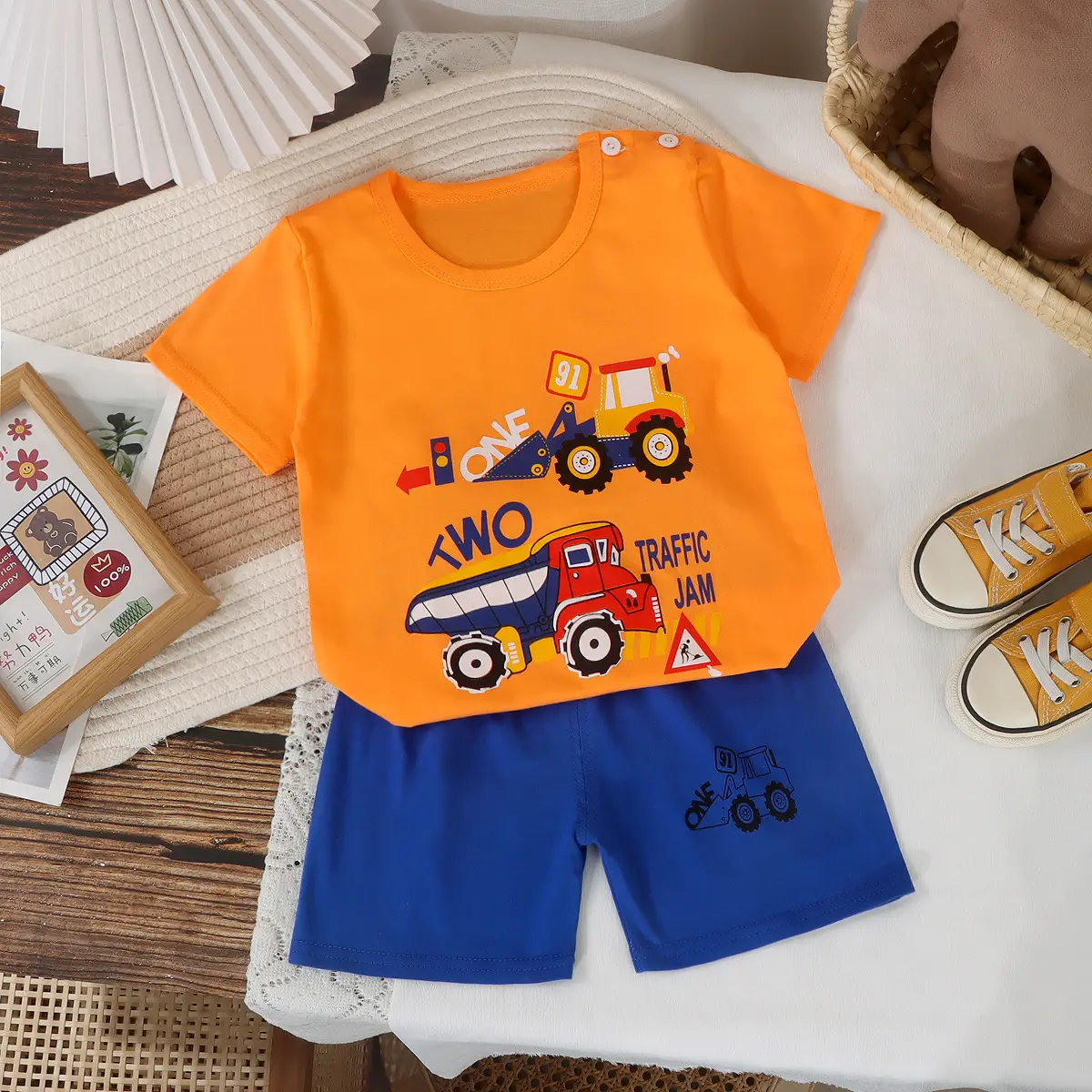 Children Cotton Striped T-Shirt Shorts Set Brown White