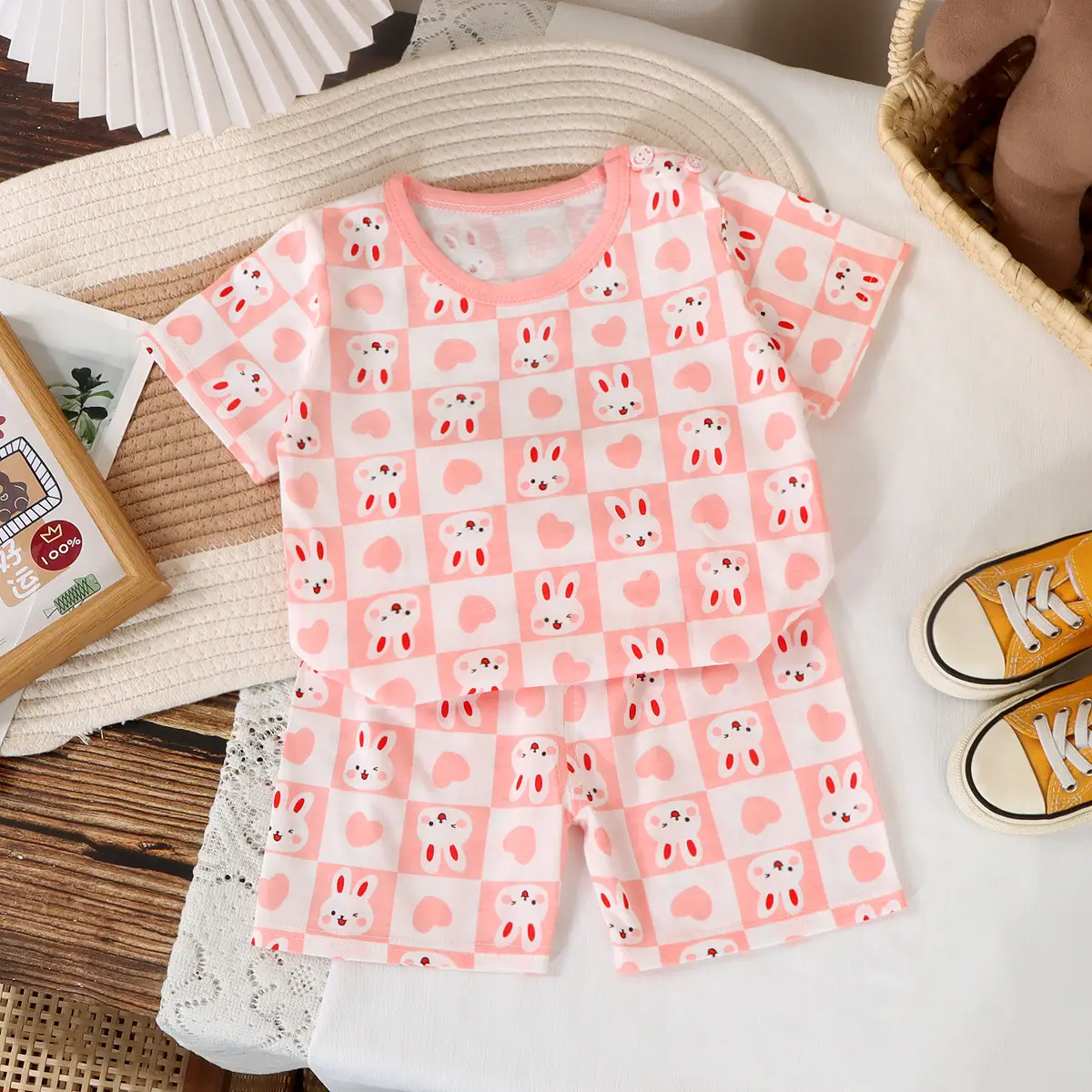 Children Cotton Striped T-Shirt Shorts Set Brown White