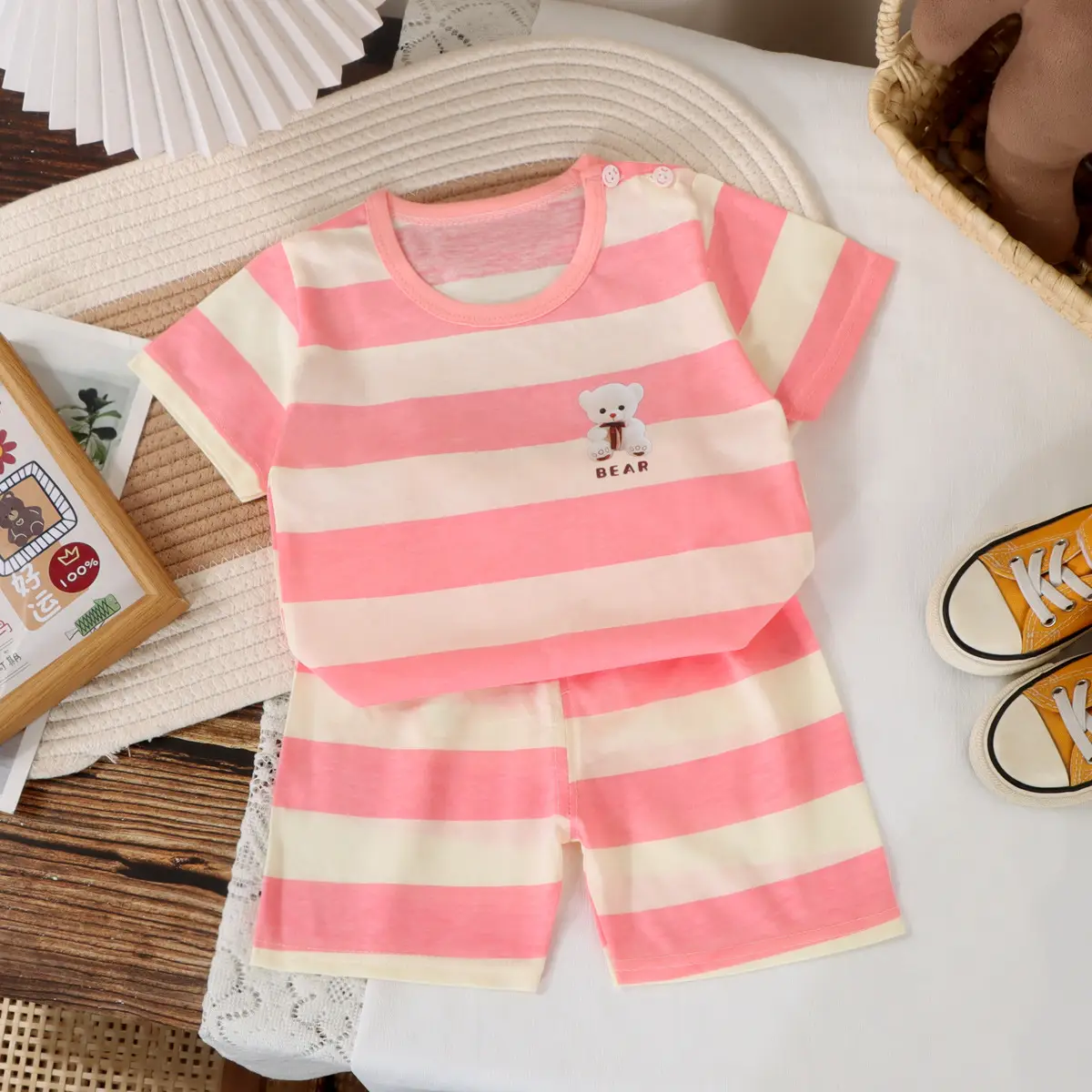 Children Cotton Striped T-Shirt Shorts Set Brown White