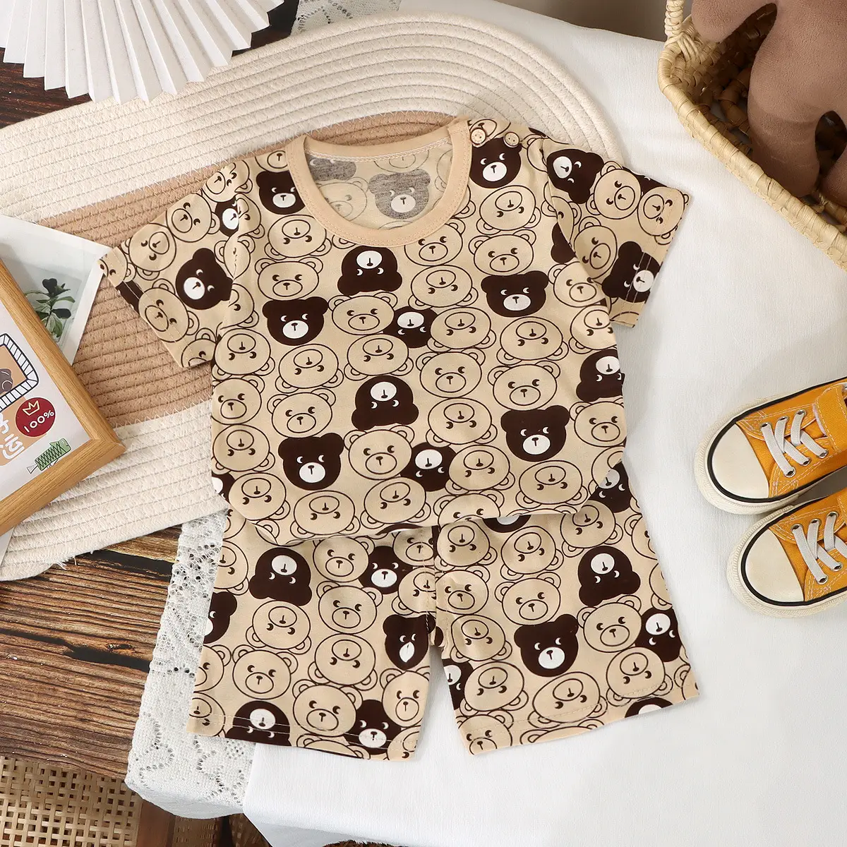 Children Cotton Striped T-Shirt Shorts Set Brown White