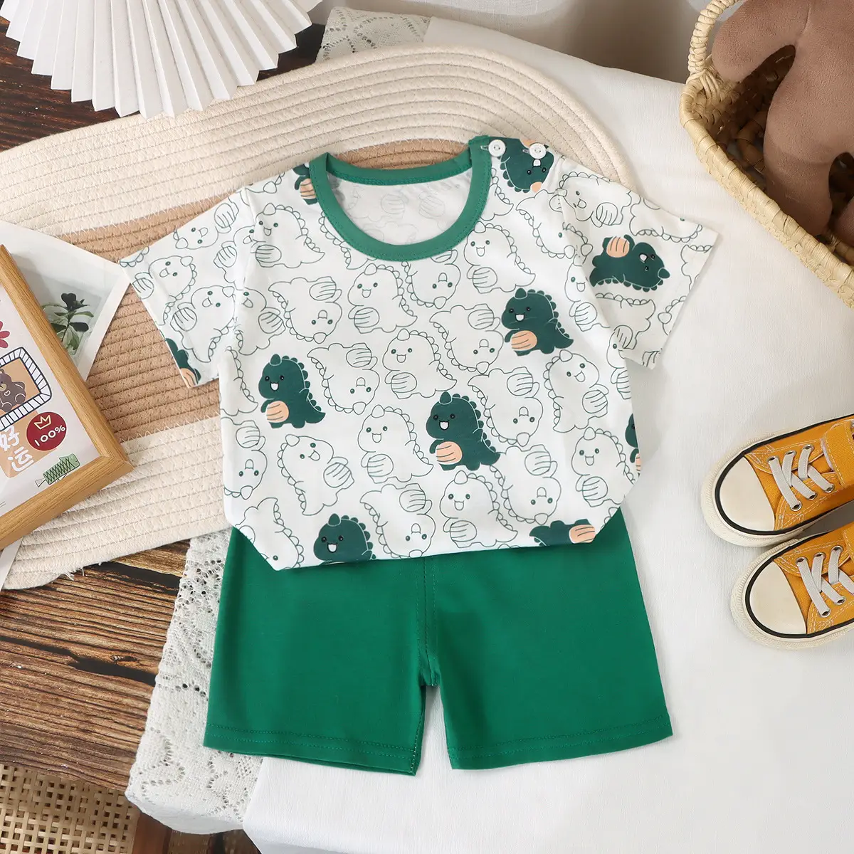 Children Cotton Striped T-Shirt Shorts Set Brown White