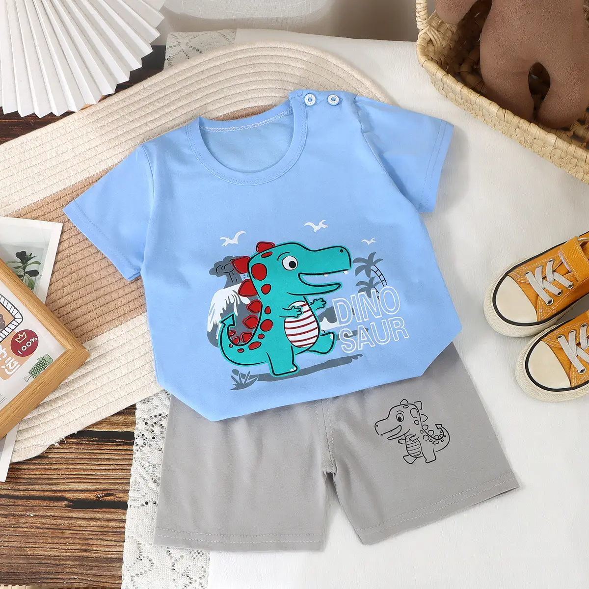 Children Cotton Striped T-Shirt Shorts Set Brown White