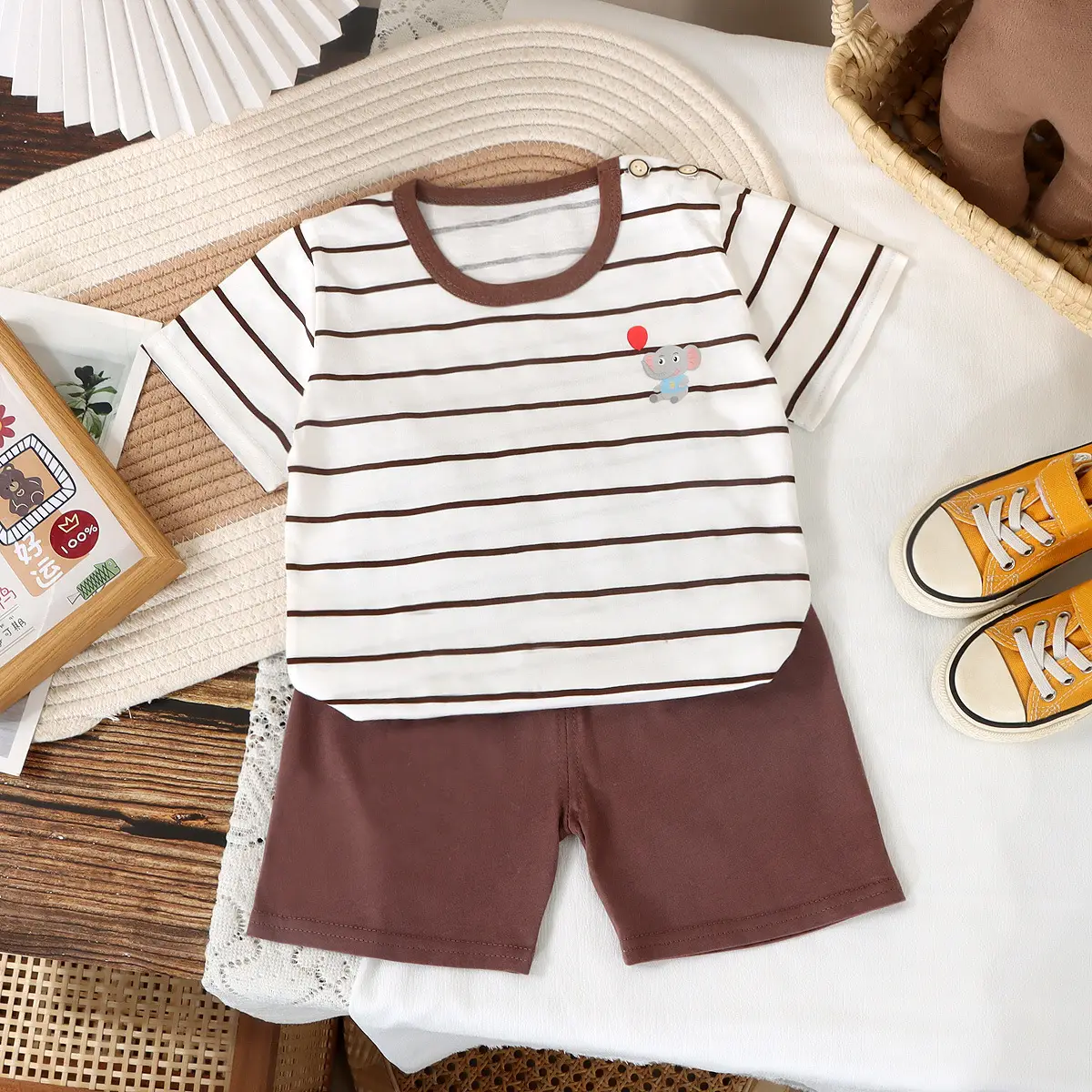 Children Cotton Striped T-Shirt Shorts Set Brown White