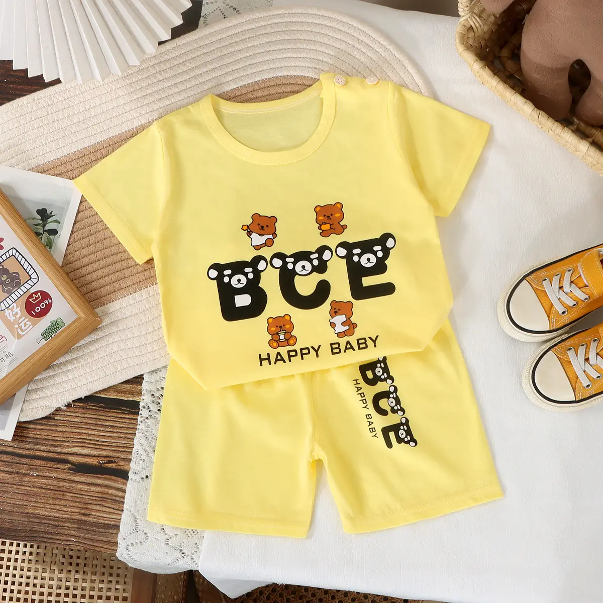 Children Cotton Striped T-Shirt Shorts Set Brown White