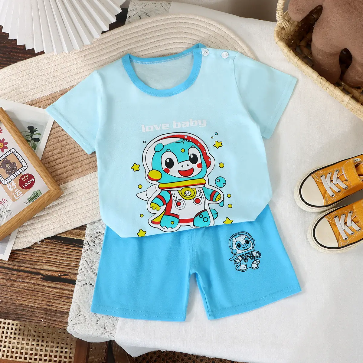Children Cotton Striped T-Shirt Shorts Set Brown White