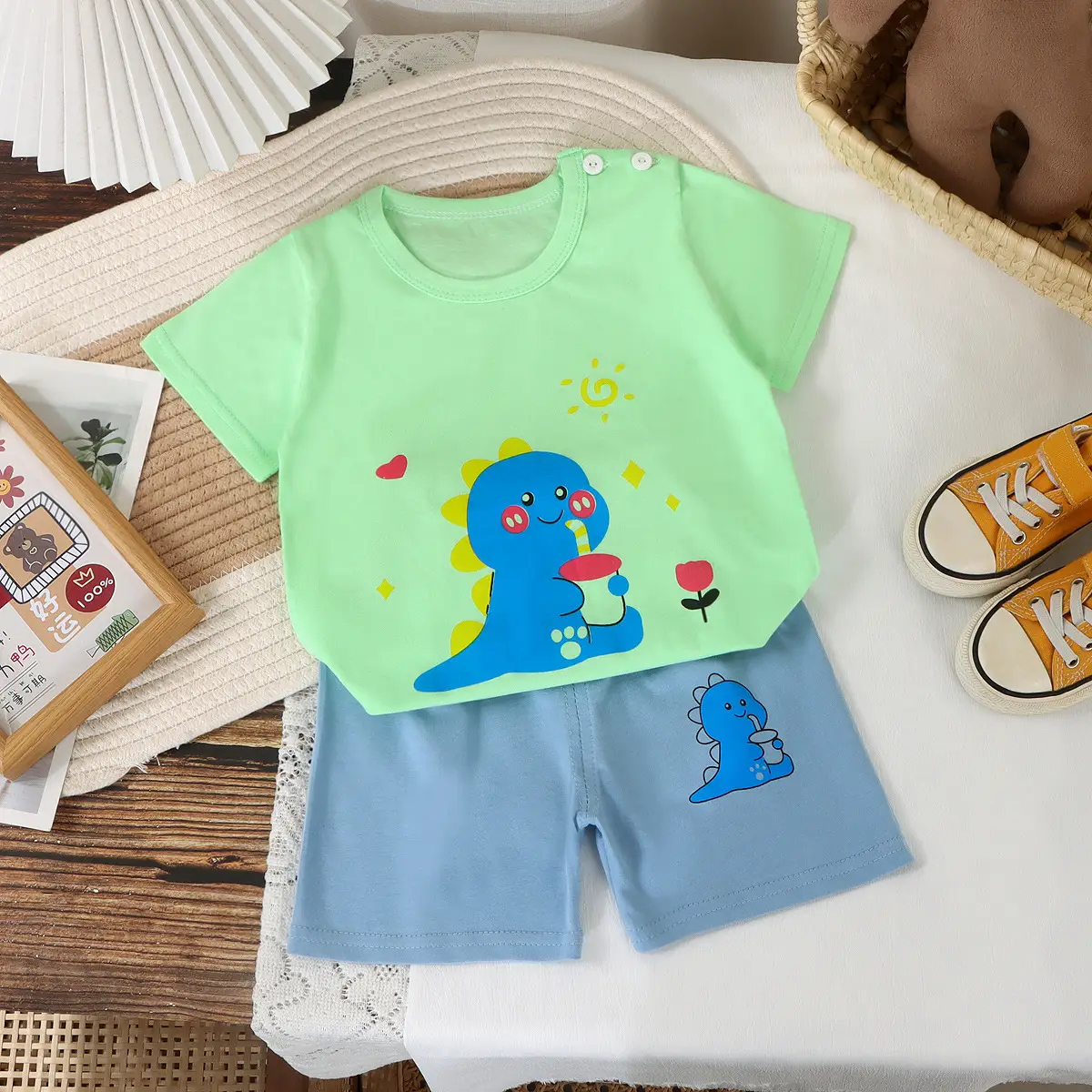 Children Cotton Striped T-Shirt Shorts Set Brown White