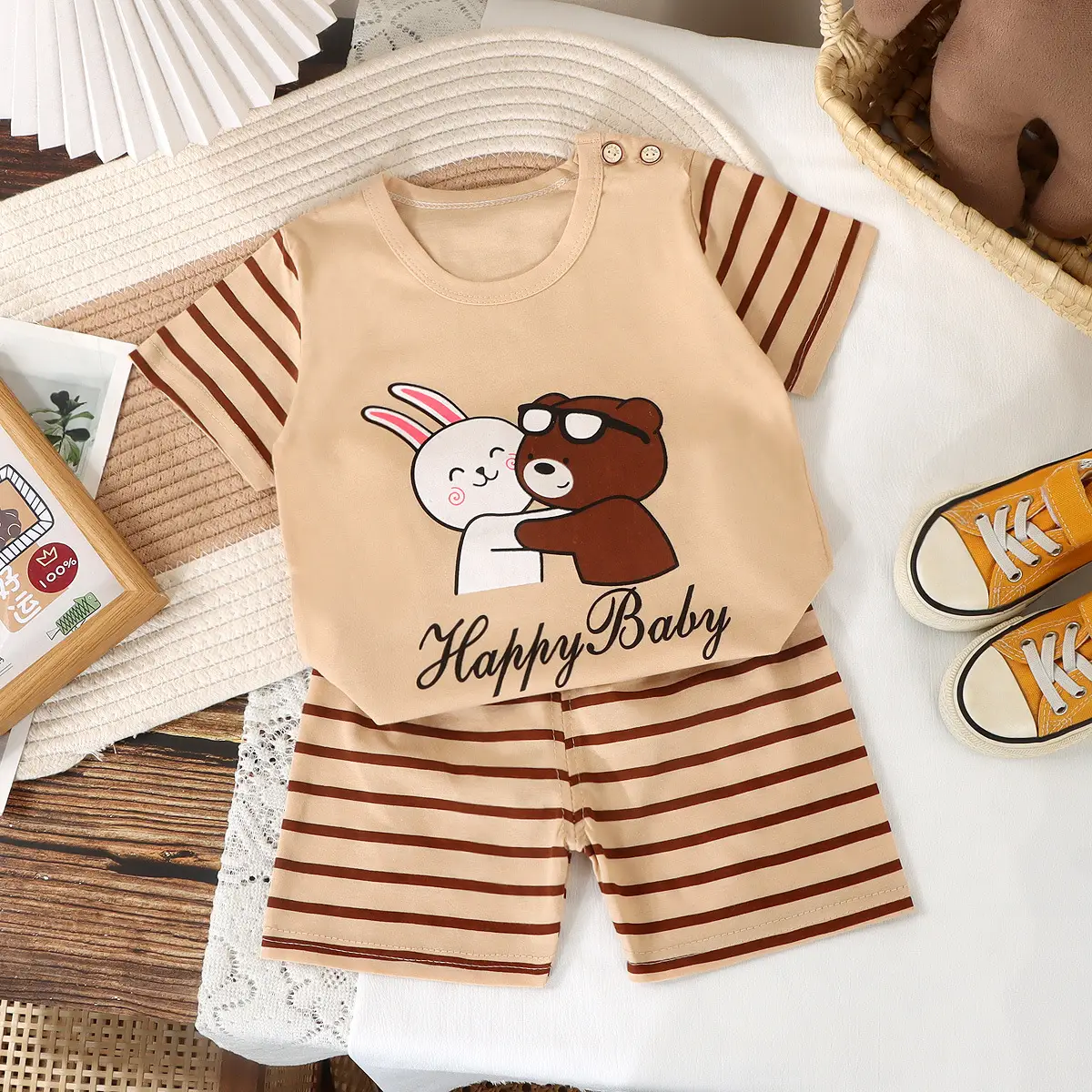 Children Cotton Striped T-Shirt Shorts Set Brown White