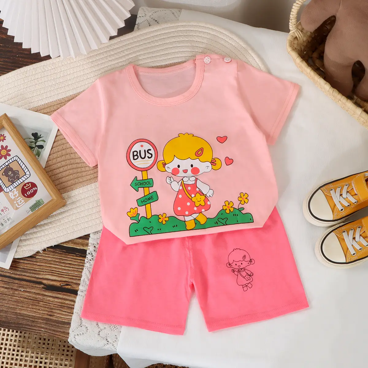 Children Cotton Striped T-Shirt Shorts Set Brown White