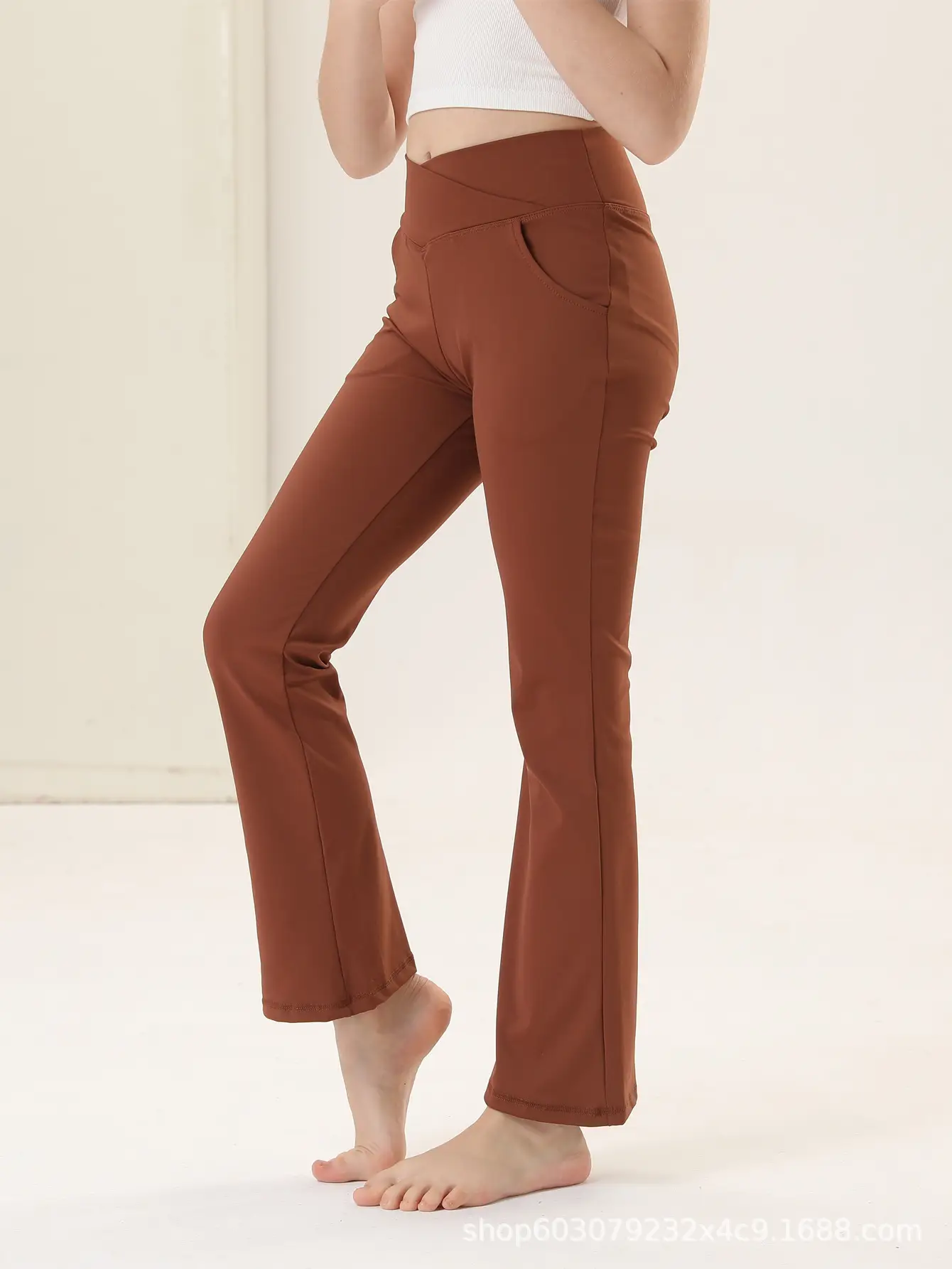Girls V-Neck Flared Yoga Pants High Waist Sports Leggings Brown - Image 9