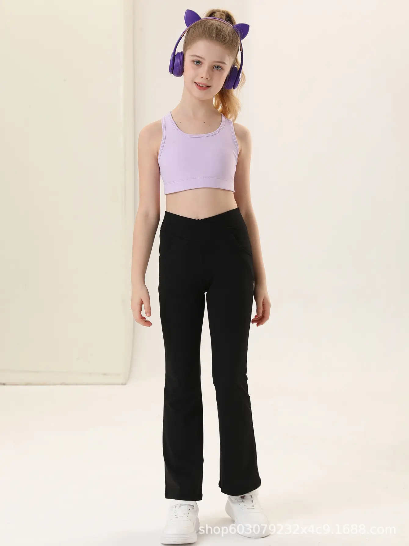 Girls V-Neck Flared Yoga Pants High Waist Sports Leggings Brown — feature 10