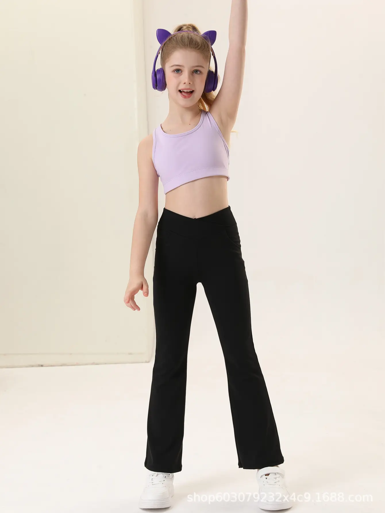 Girls V-Neck Flared Yoga Pants High Waist Sports Leggings Brown — feature 11